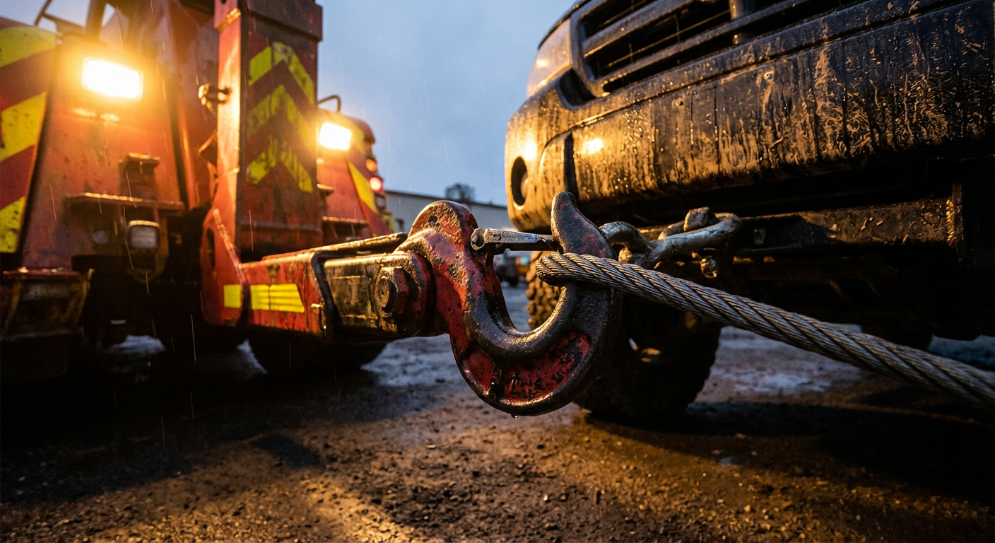 Tow truck winch in action